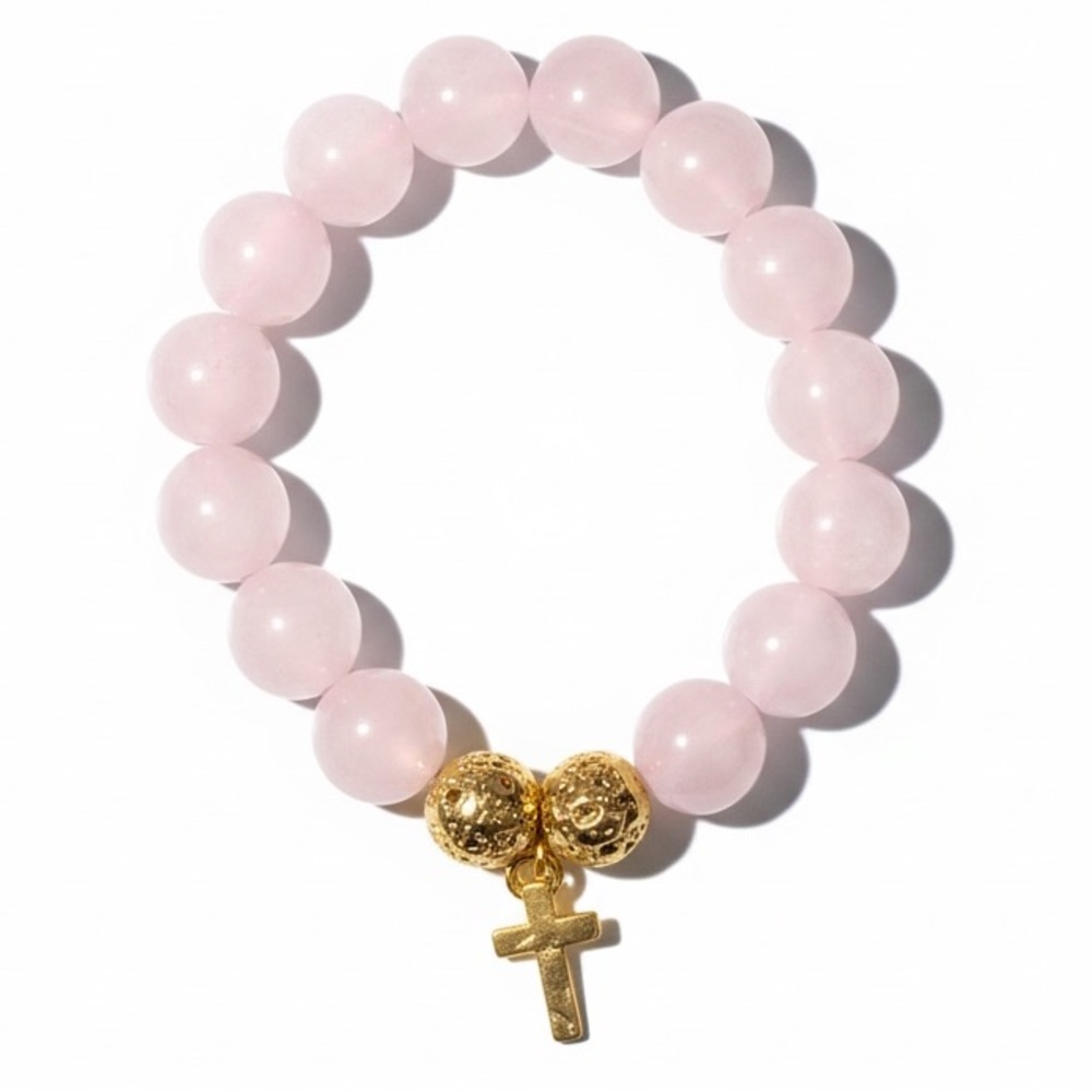 Natural Milky Quartz Beaded Bracelet - Gold Cross & Healing Stone